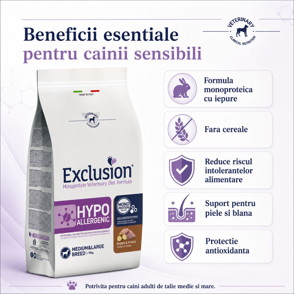 EXCLUSION Monoprotein VD Hypoallergenic Medium&Large, M-XL, Iepure și Cartofi, dietă veterinară, hrană uscată fără cereale câini, alergii, 12kg - imagine 3